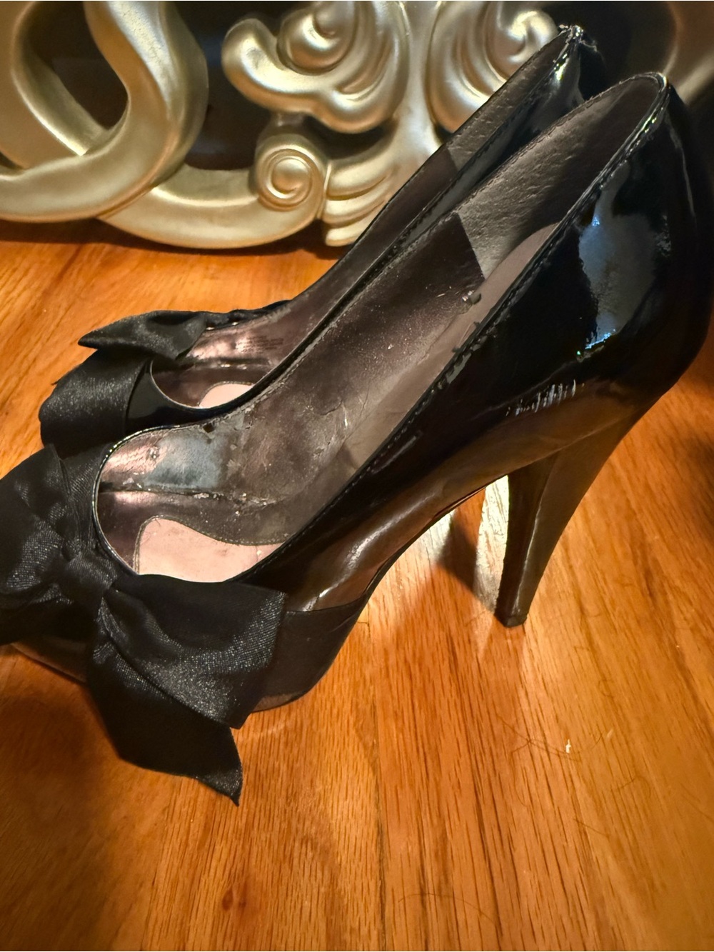 Paris Hilton Black Satin Peep-Toe Pumps with Bow - Picture 5 of 7